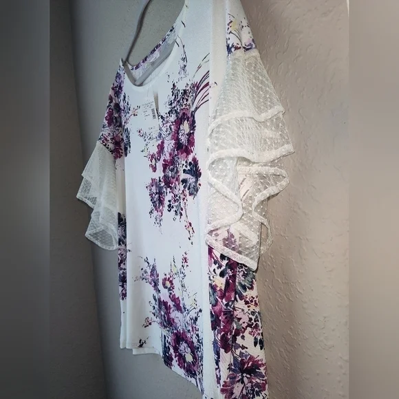 Maurices Blouse Floral Polyester Spandex Nylon Mesh Ivory Purple Scoop Sz 0 (xs) - Picture 2 of 8